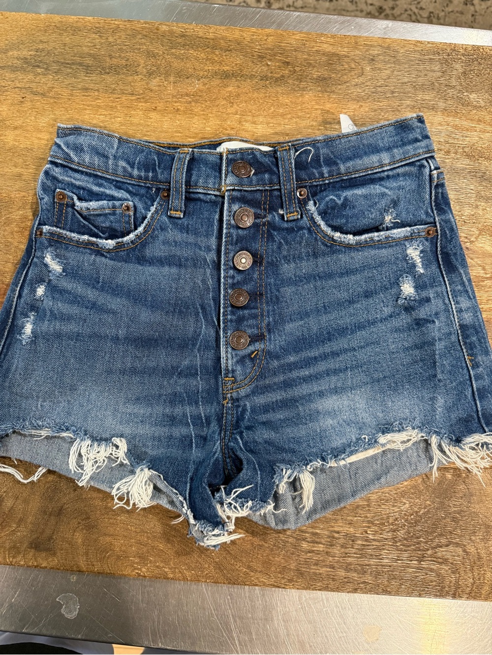 Abercrombie & Fitch Blue Denim High-Rise Mom Shorts with Copper Buttons size 25